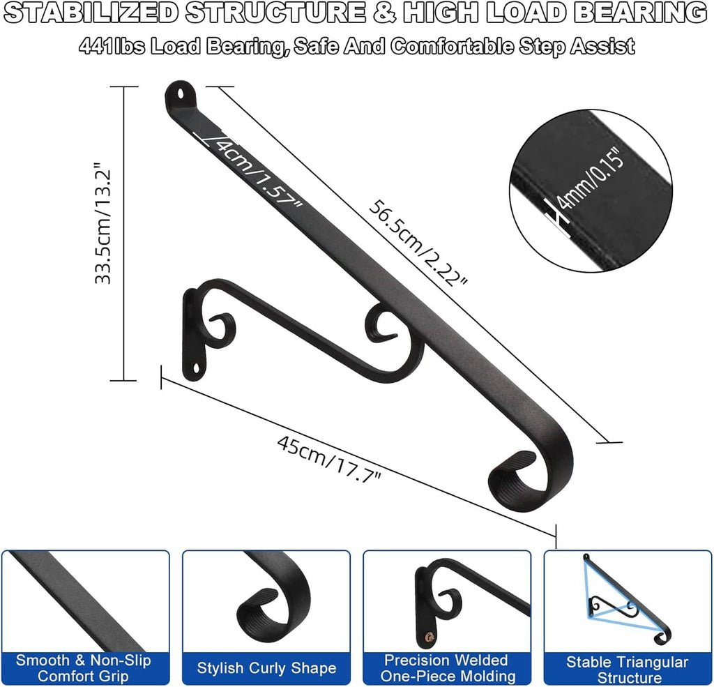 Black metal stair handrail with curled end cap and curved hand grip