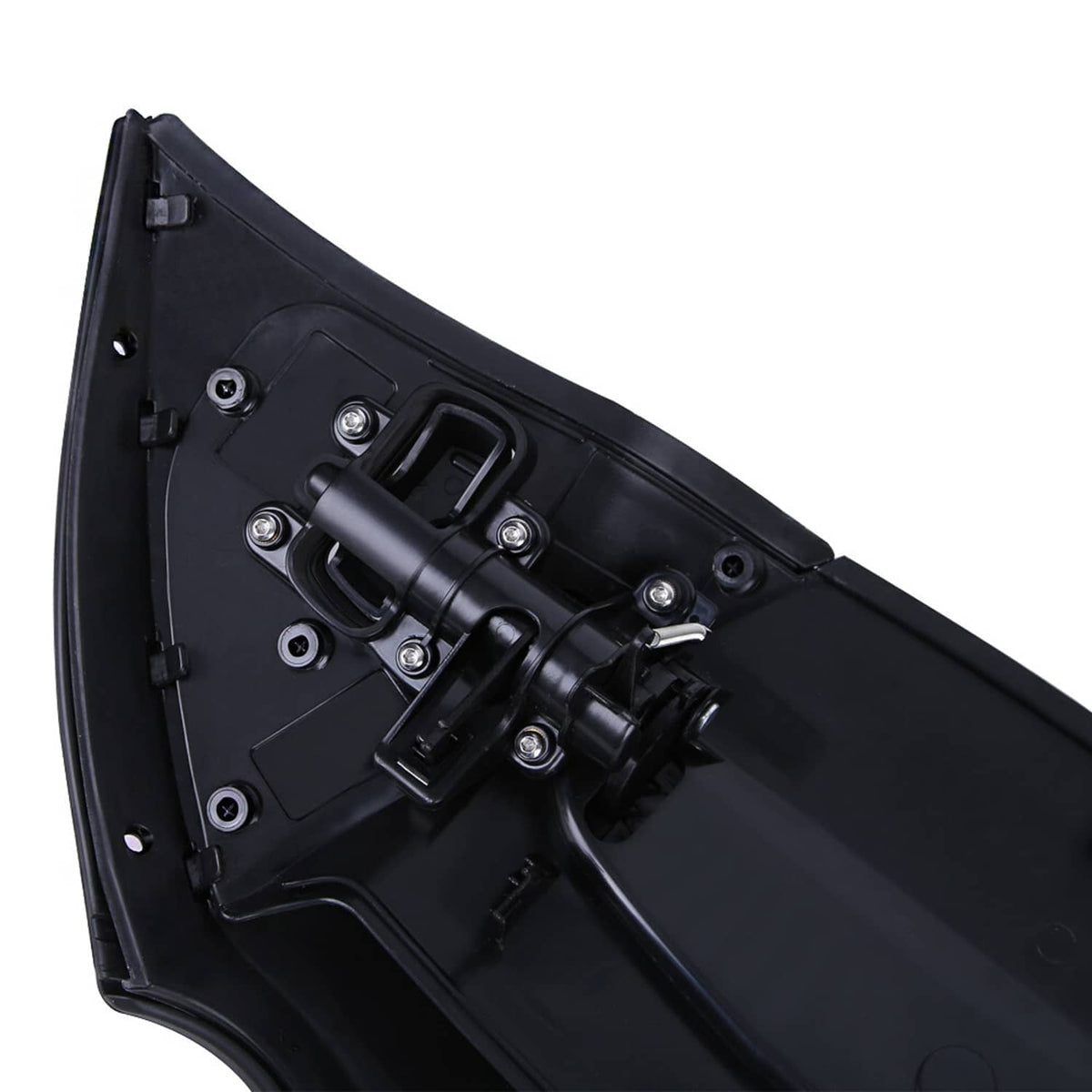 Black motorcycle air duct cover fairing close-up of mounting hardware and bracket