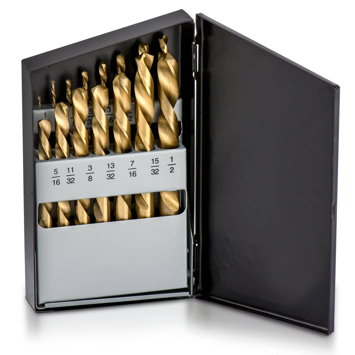 Left-hand drill bit set in open case with multiple gold bits in labeled slots