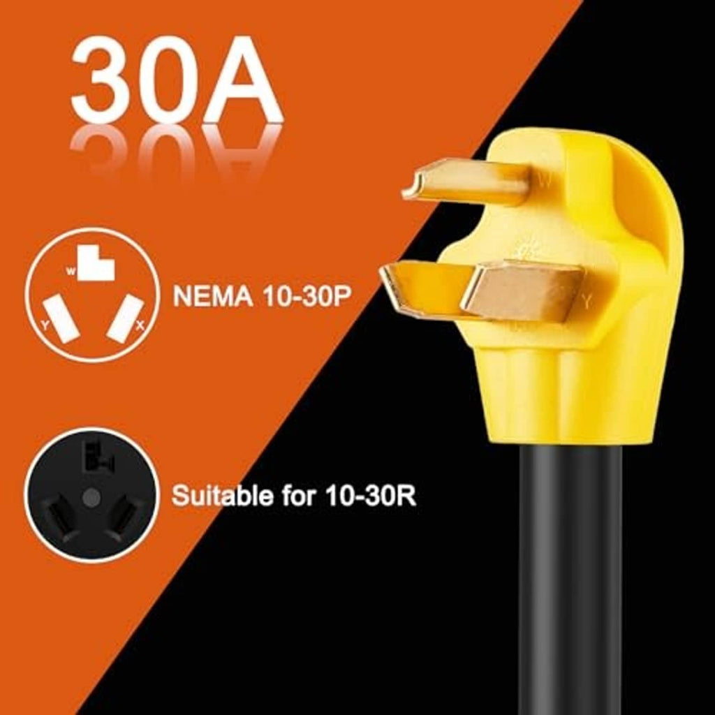 Yellow adapter plug ends with black cable, 30A NEMA-style power cord