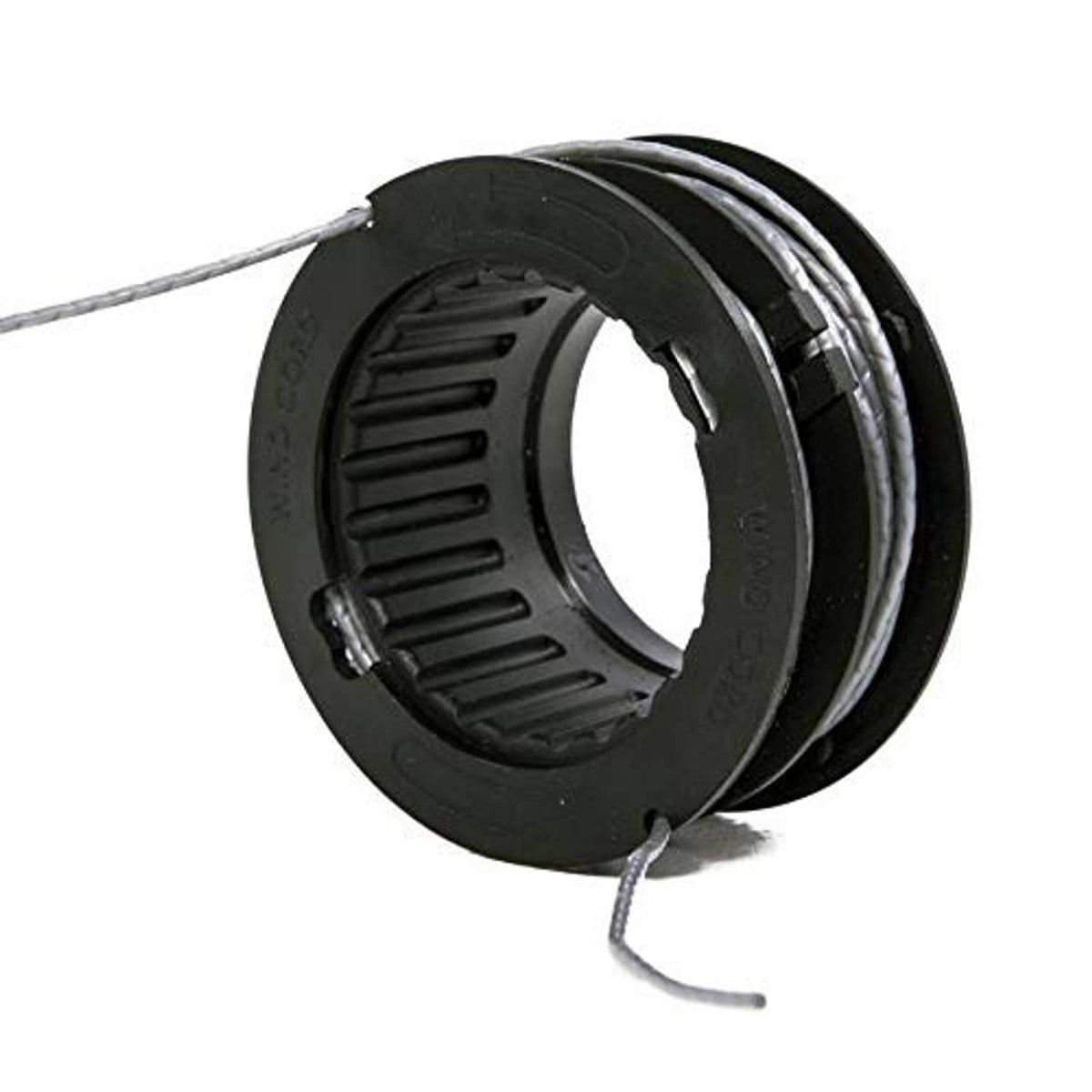 Greenworks string trimmer spool with black housing and wound silver line, side view