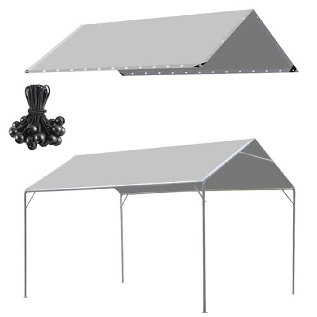 Carport canopy cover tarp in grey with white support frame and included hardware set.