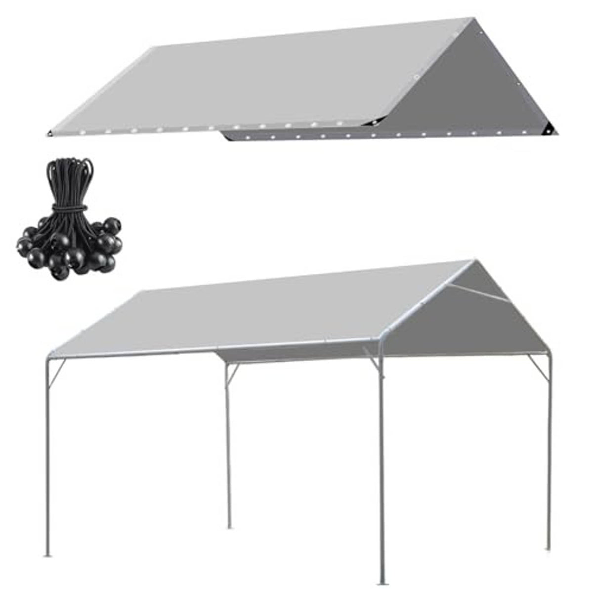 Carport canopy cover tarp in grey with white support frame and included hardware set.