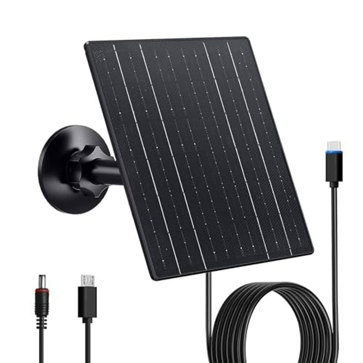 Black solar panel with suction mount and USB cable with long coil cord