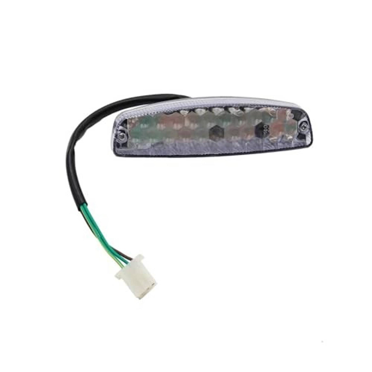 Clear-lens rear tail brake light with side view of LED housing and green wire lead