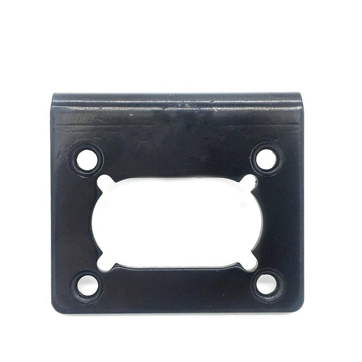 Black mounting bracket plate with four screw holes and central connector cutout