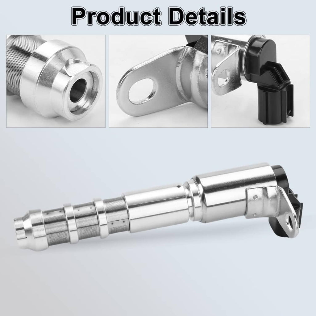 Variable valve timing solenoid close-up with silver housing, ports, and black connector