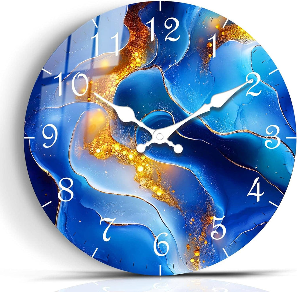 Blue marble round wall clock face with white hour and minute hands and gold streak accents