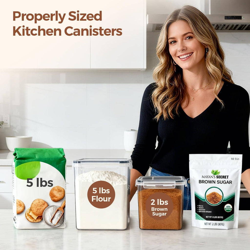 3 kitchen canisters with clear snap lids, filled with flour and brown sugar