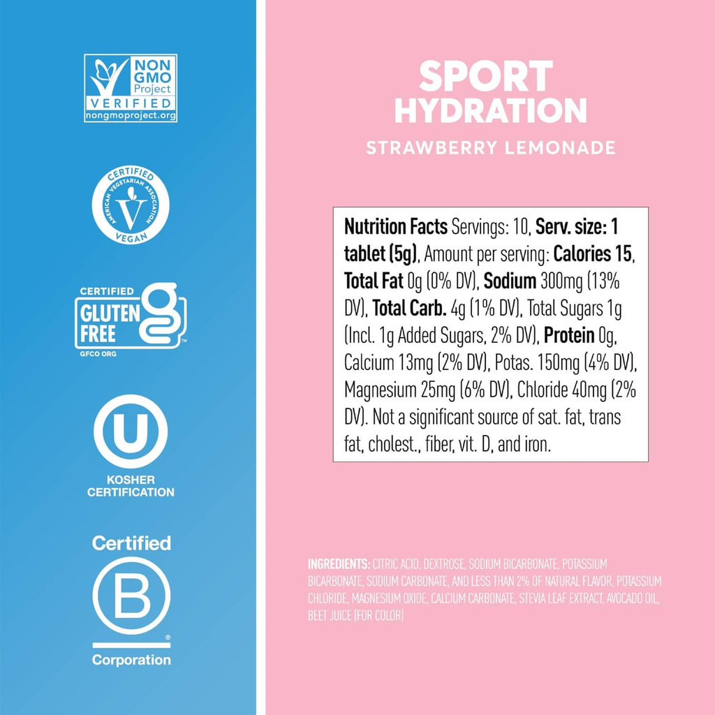 Nuun Sport hydration ingredient and nutrition facts panel, gluten free