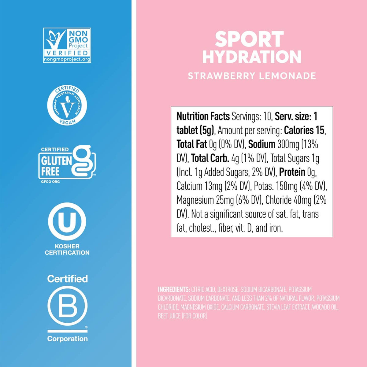Nuun Sport hydration ingredient and nutrition facts panel, gluten free