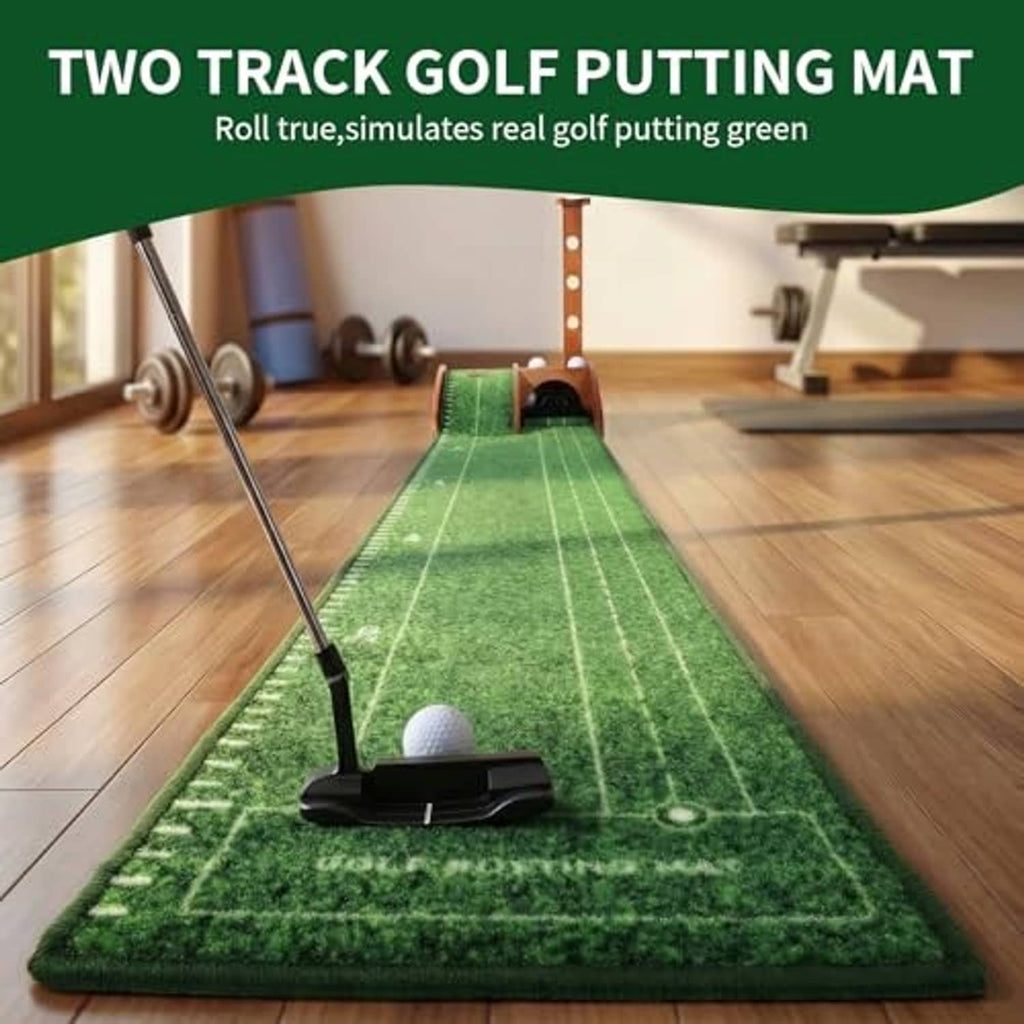 Two-track golf putting mat with green turf lane, ball and wooden end stand