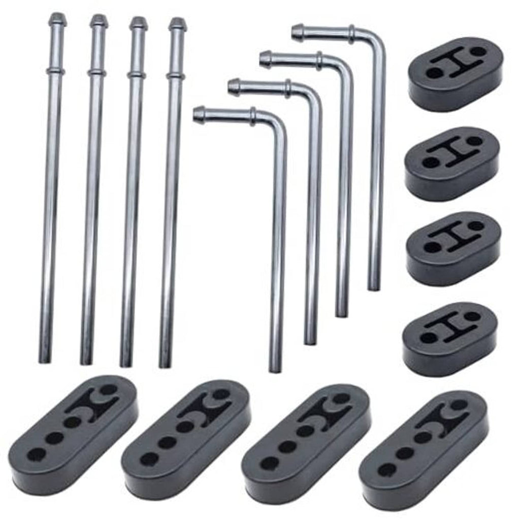 16-piece exhaust hanger rod set with silver rods and black rubber insulator pads