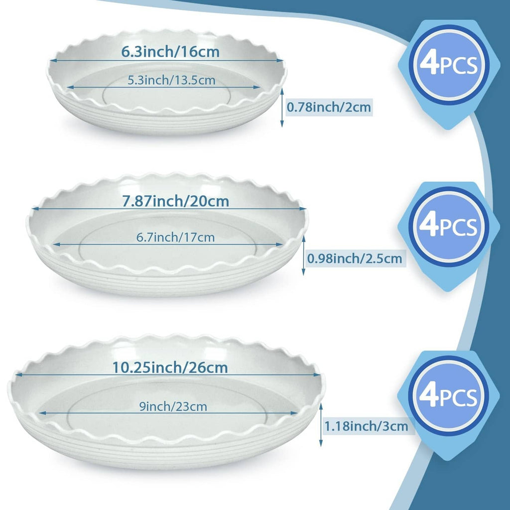 White round plastic plates with scalloped edge; size markings shown, set of plates