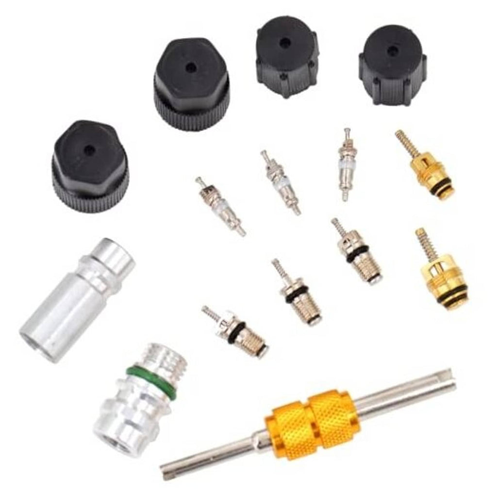 Air conditioning valve core kit with black seal caps and metal valve cores, assorted set