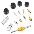 Air conditioning valve core kit with black seal caps and metal valve cores, assorted set