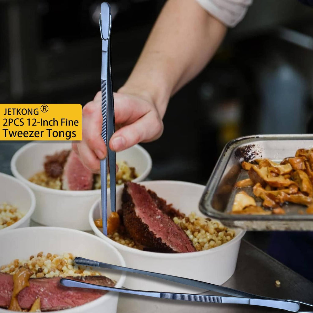 Navy stainless steel food tweezer tongs with serrated grip, pinching meat over a bowl