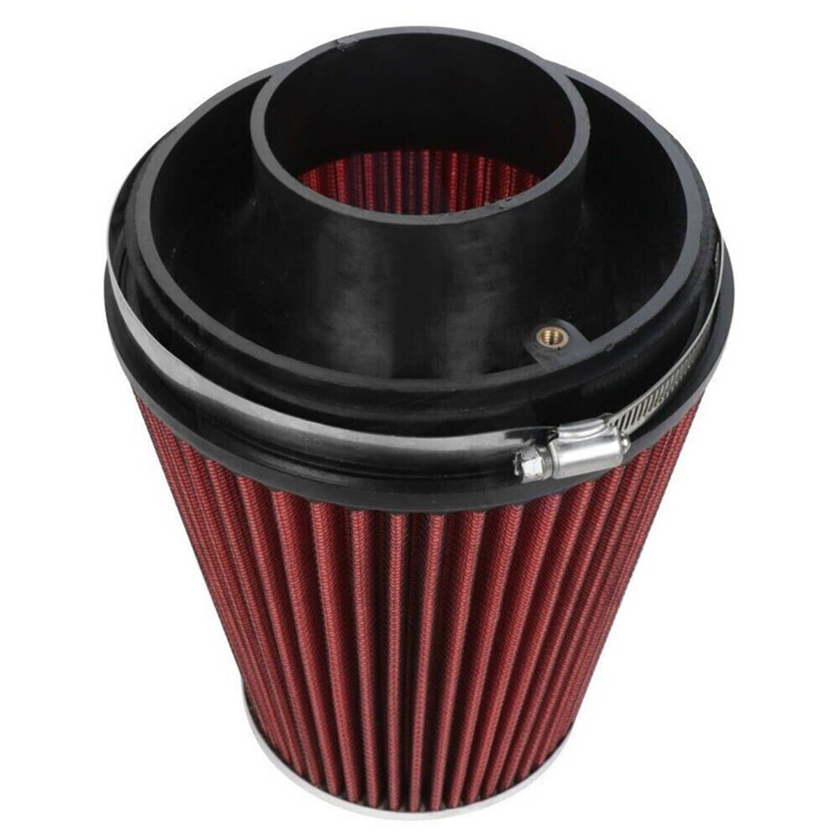 Red cone air filter with black base and protective ring for cold air intake