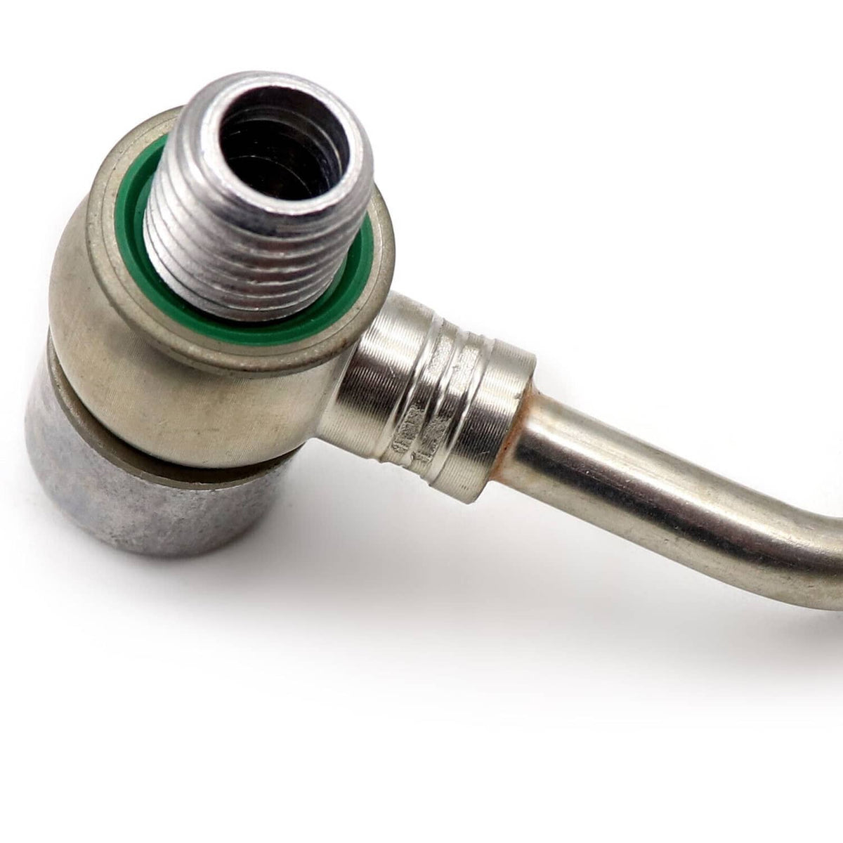 Curved turbo oil feed pipe tube with two threaded ports and green O-ring gasket