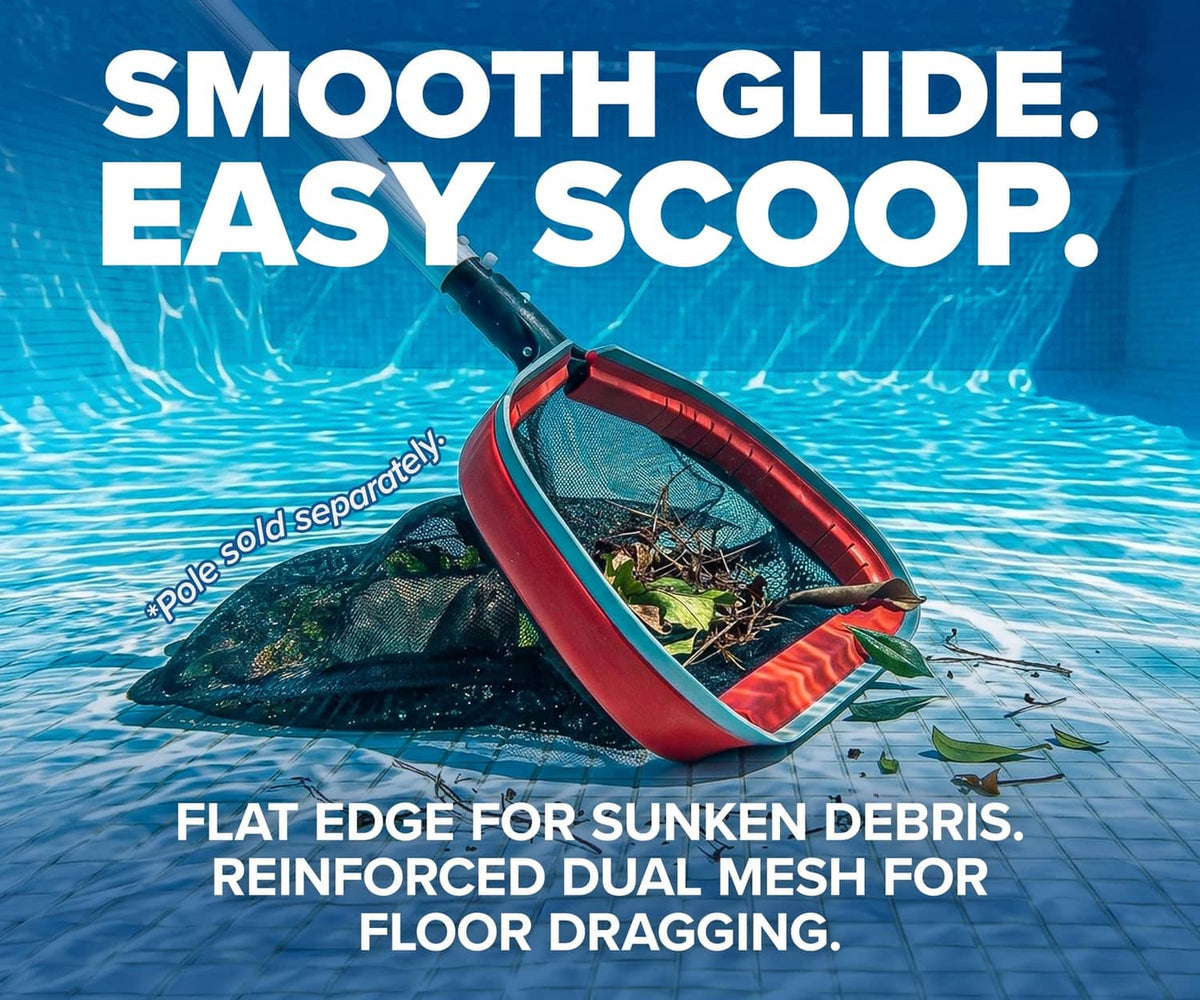 Red deep bag pool net rake skimming water with black mesh bag for debris collection