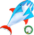 Blue 3D dolphin kite with red tail and white belly; includes green kite reel