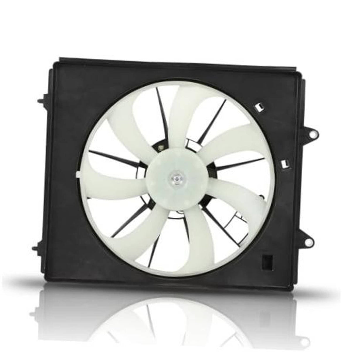 Engine cooling fan assembly with black shroud and white multi-blade fan