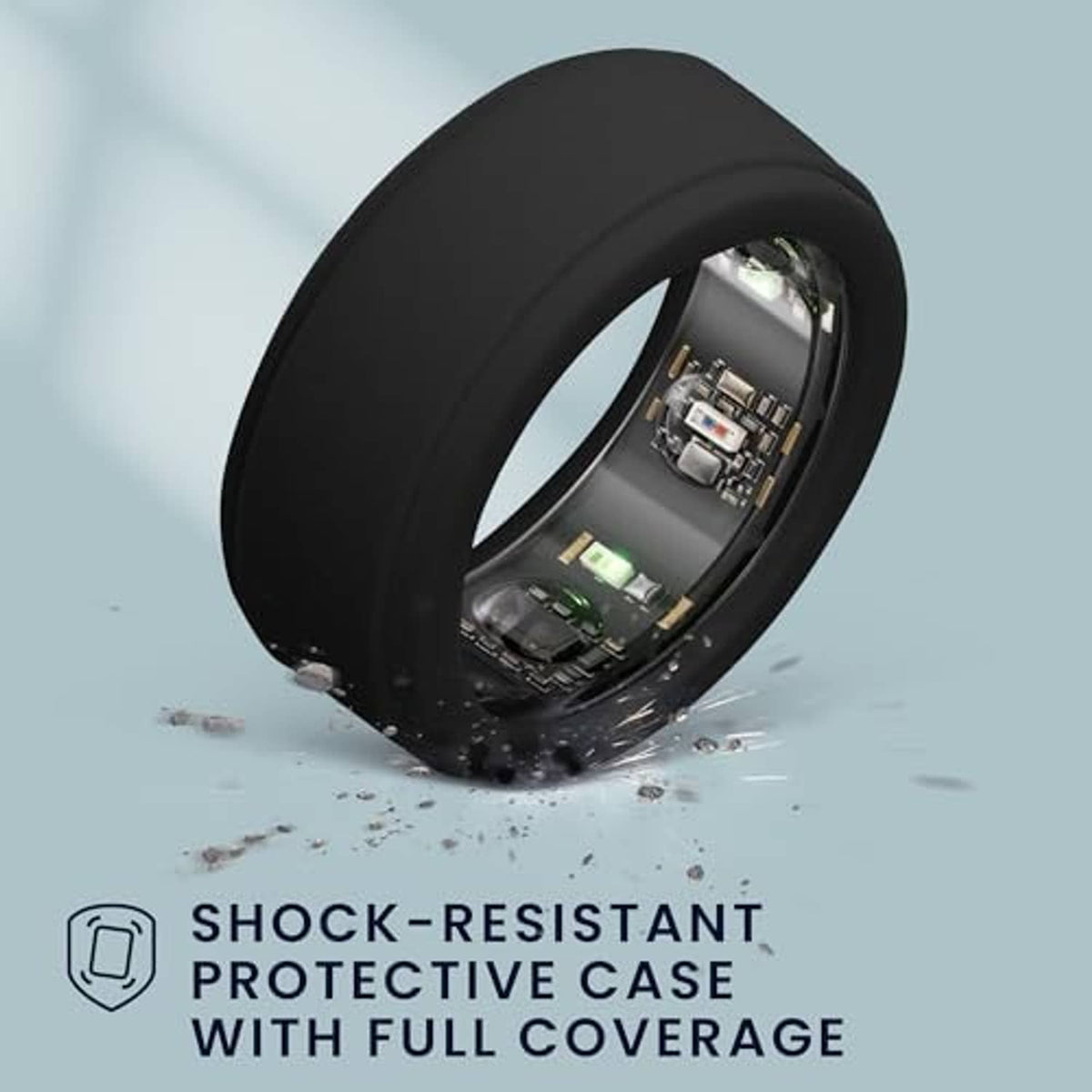 Black silicone protective smart ring case with full coverage and visible inner electronics.