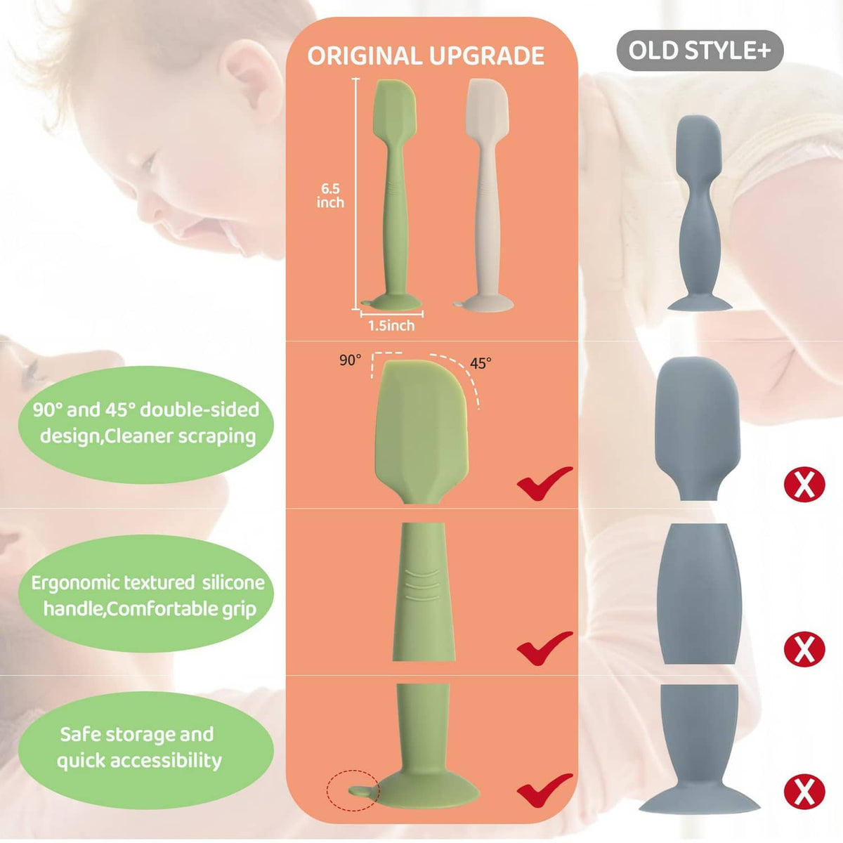 Three silicone diaper spatulas with suction bases in green, off-white, and blue