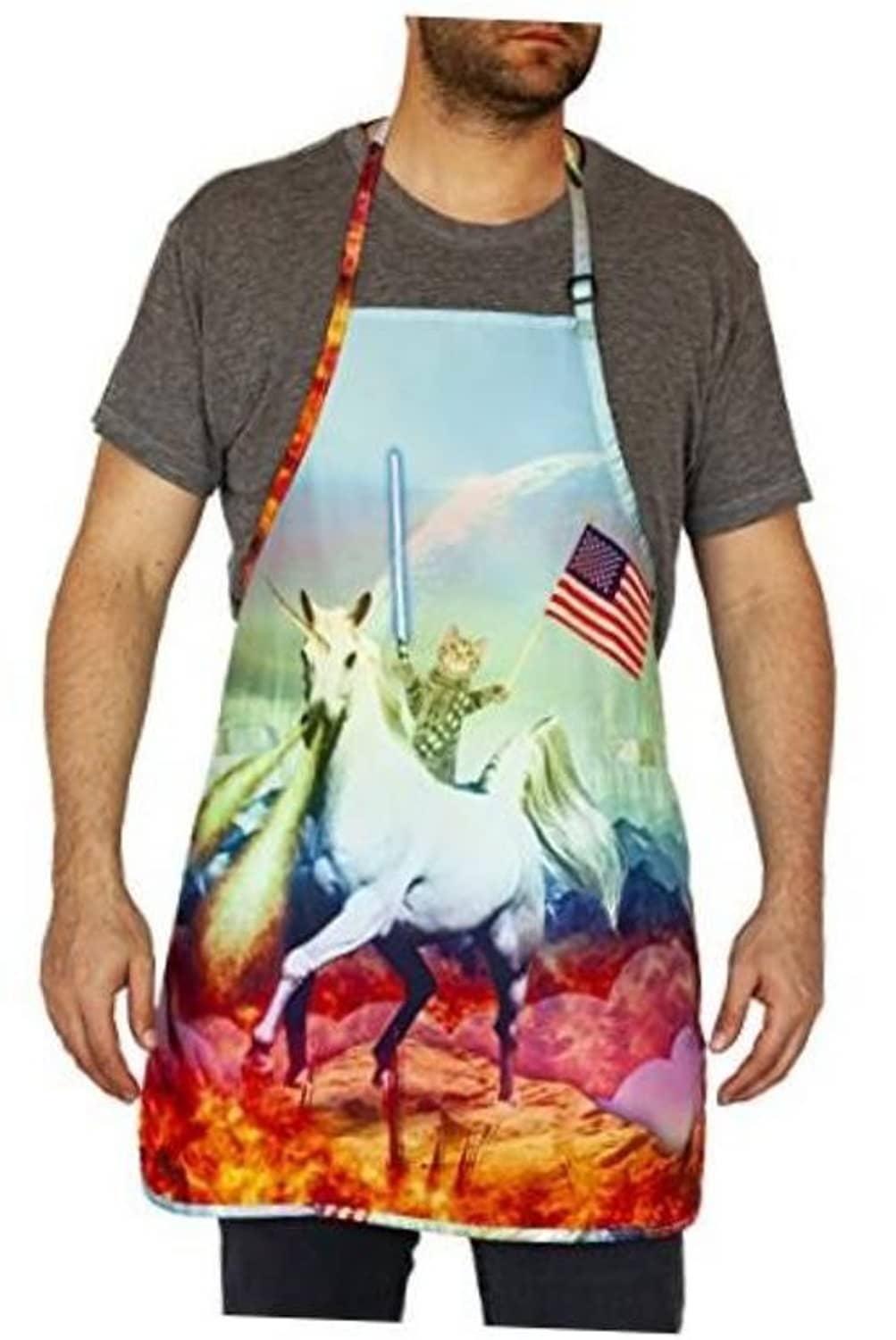 Light blue unicorn print apron with red trim, adjustable neck strap, front tie