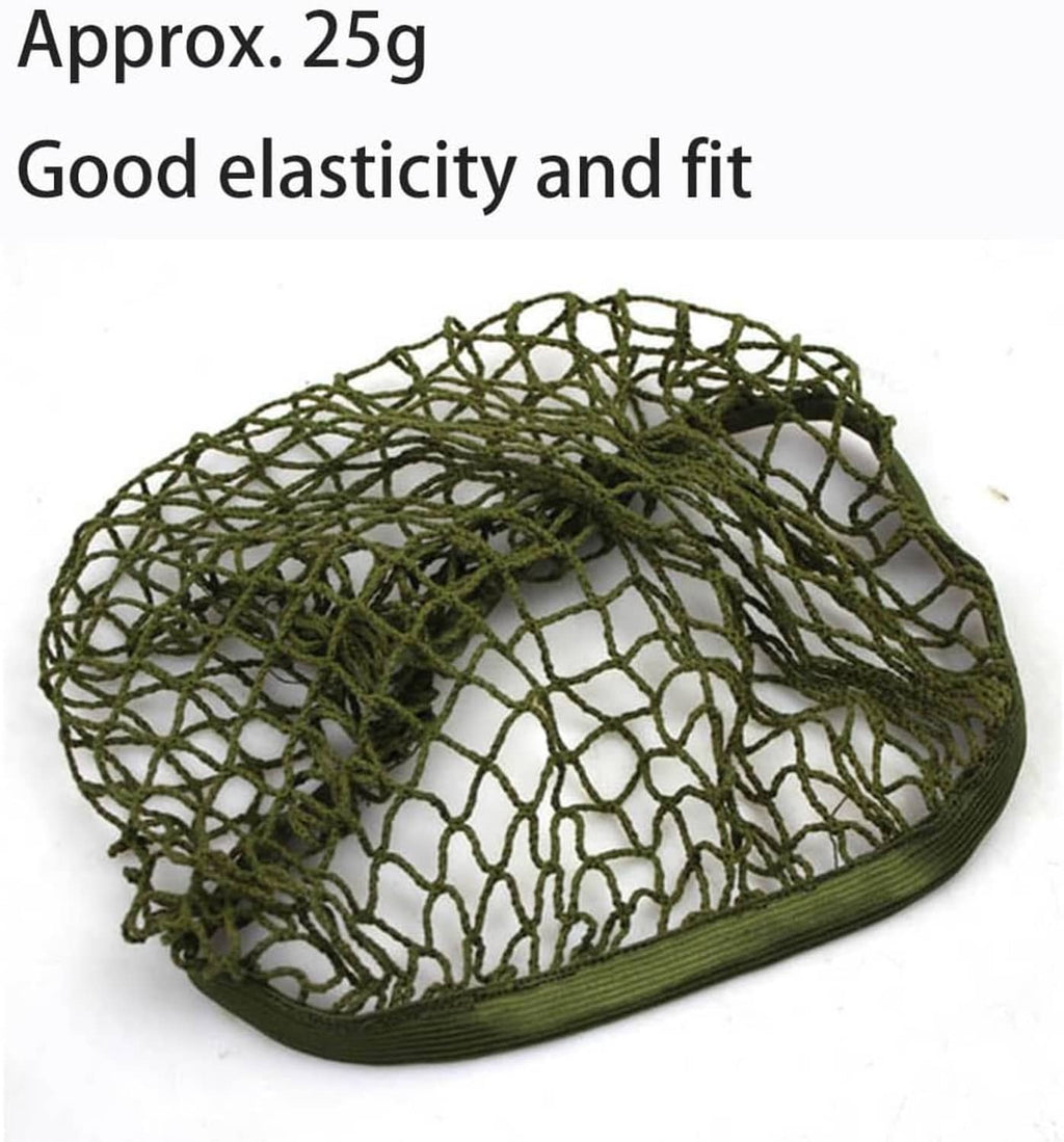 Olive green nylon mesh helmet cover with elastic edge, draped net top detail