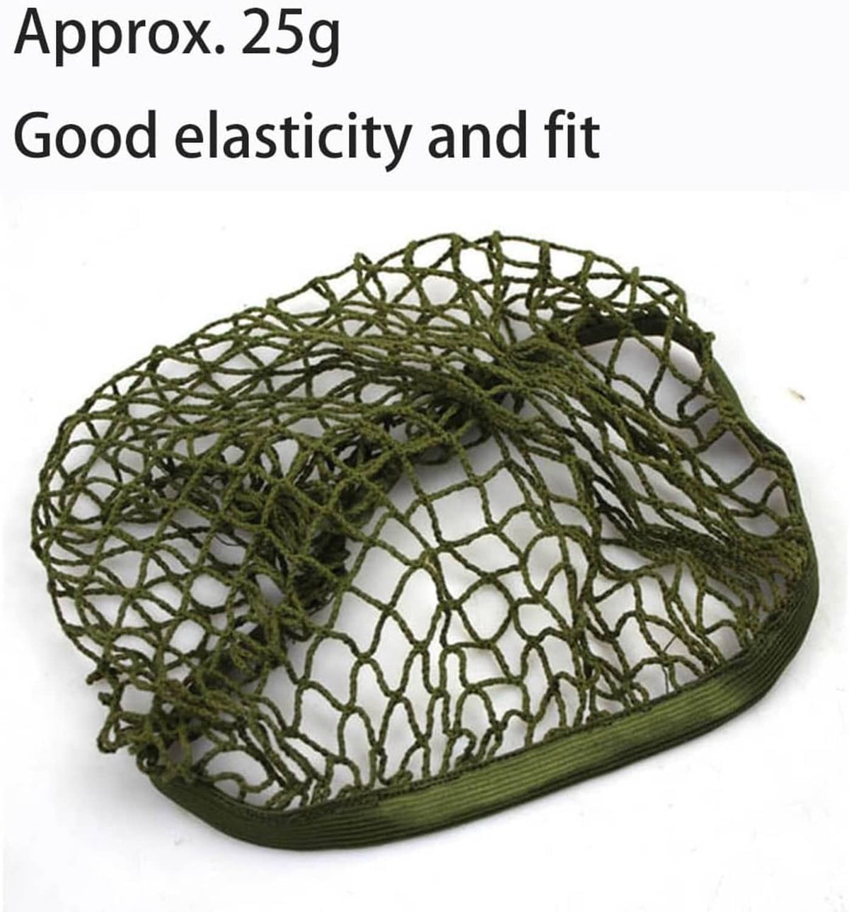 Olive green nylon mesh helmet cover with elastic edge, draped net top detail