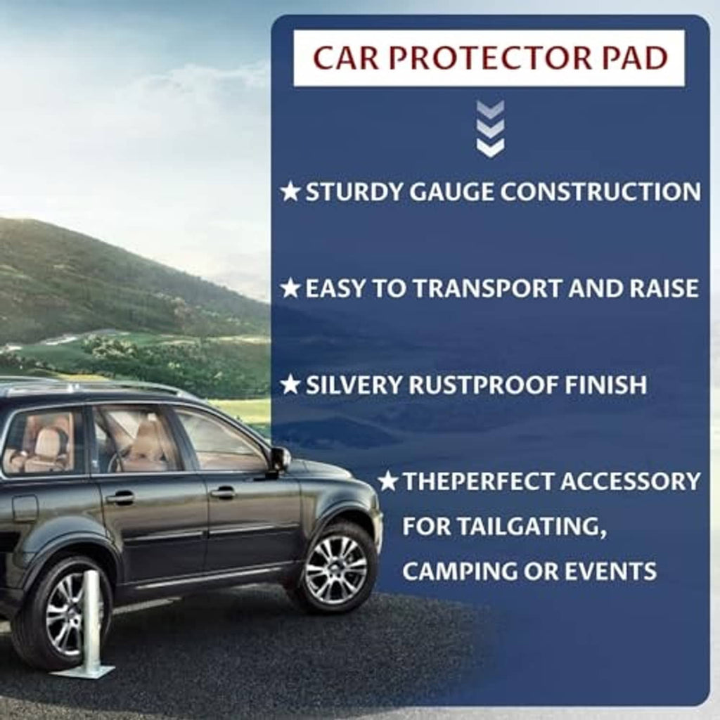 Printed promotional card with car illustration and silver pole-base graphic