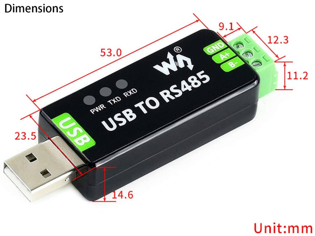 USB to RS485 adapter with dimension markings in millimeters over black body