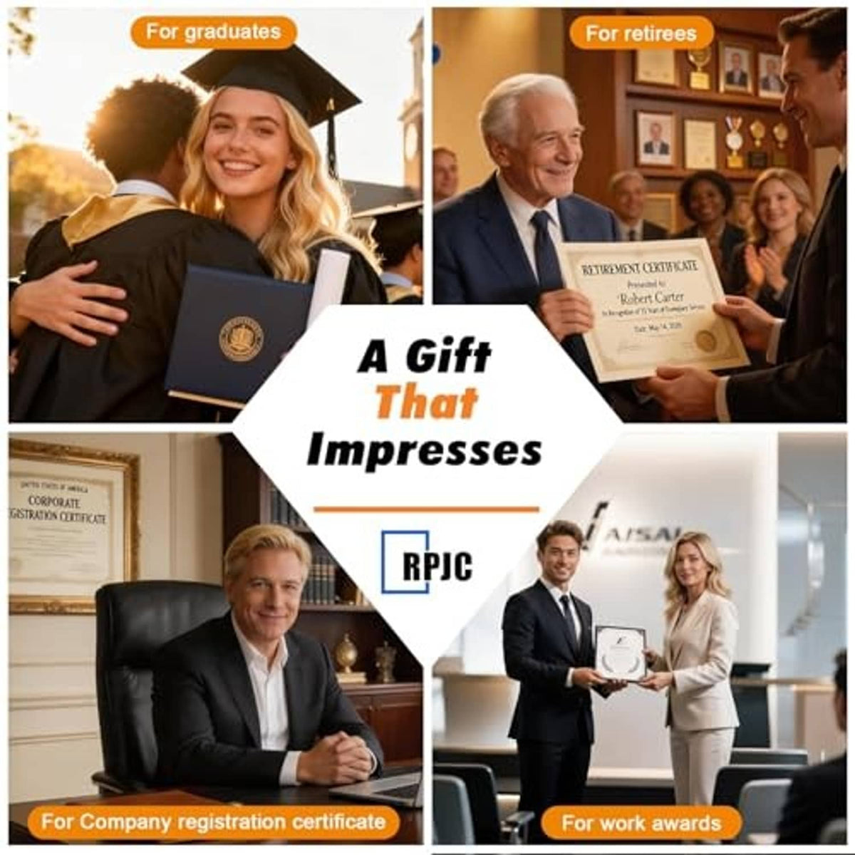 Black certificate frame gift-style collage with certificate visible under glass