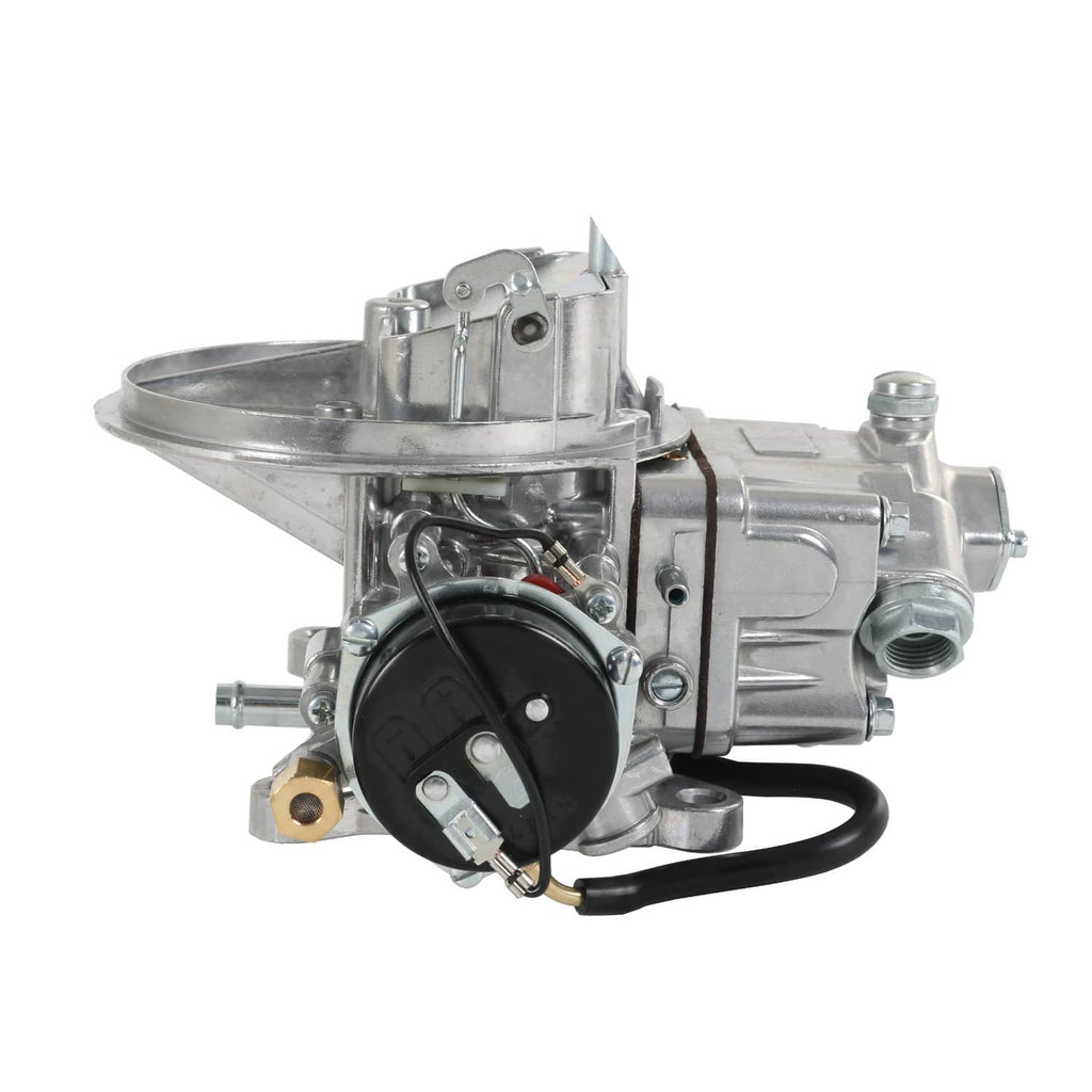 Two-barrel carburetor with electric choke module, side view, silver body and wiring
