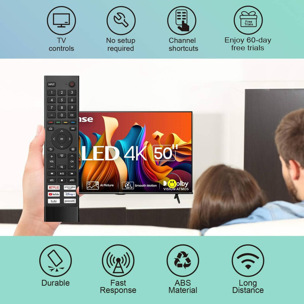 Gray TV remote held in hand with number keypad, navigation wheel, and app shortcuts
