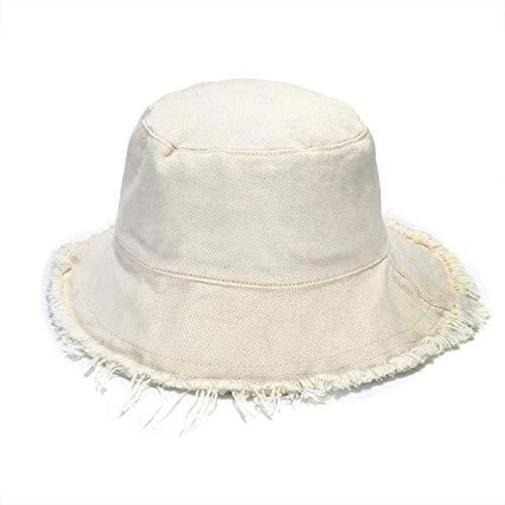 Cream cotton bucket hat with wide brim and frayed edge fringe