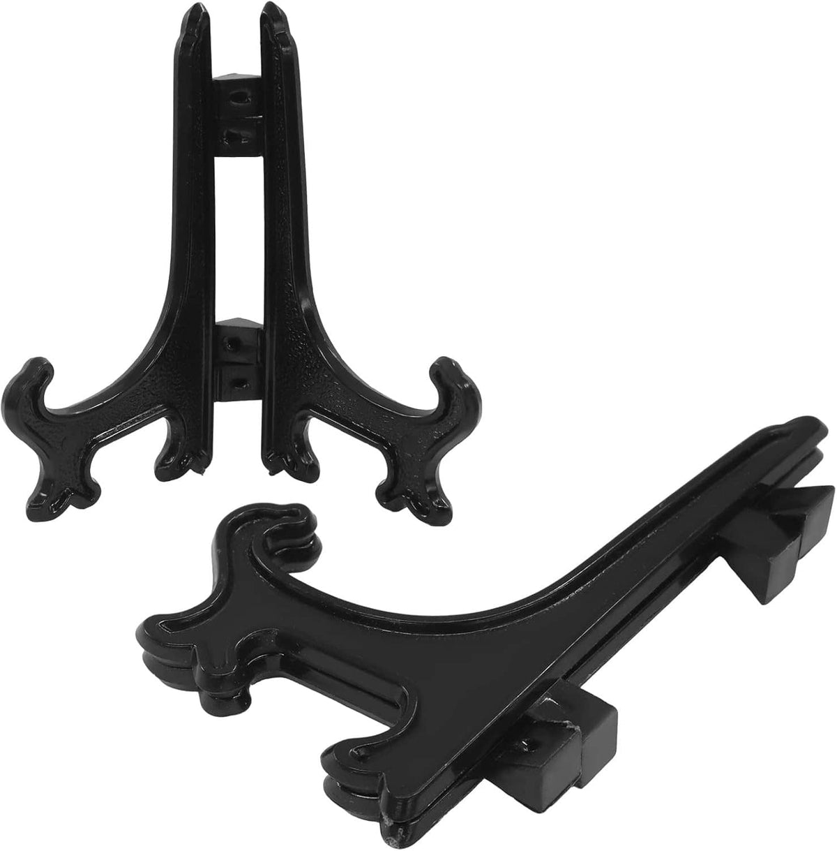 Black plastic mini easel stand set with upright and folded front support legs.