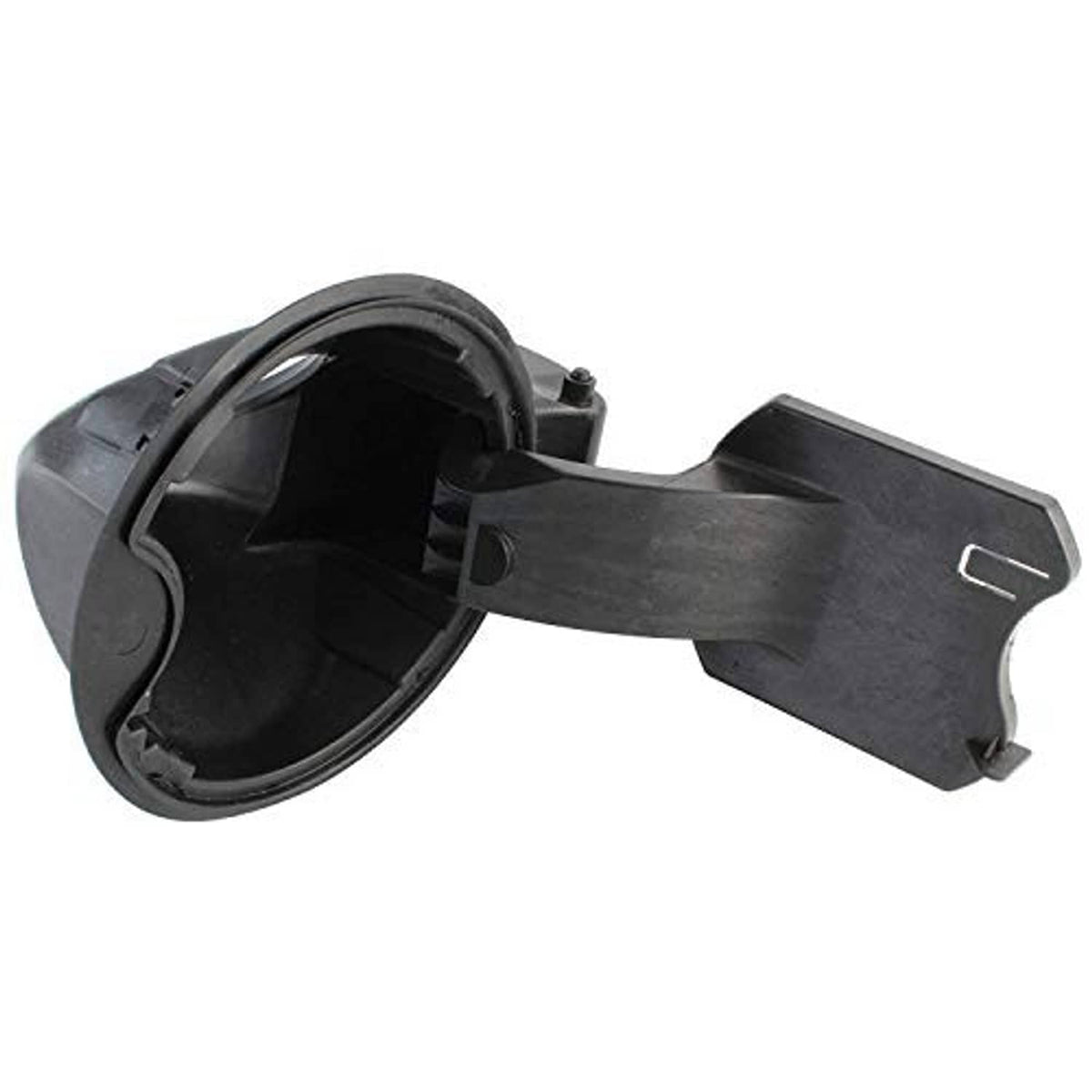 Fuel filler door housing pocket assembly, open black circular housing with gray arm