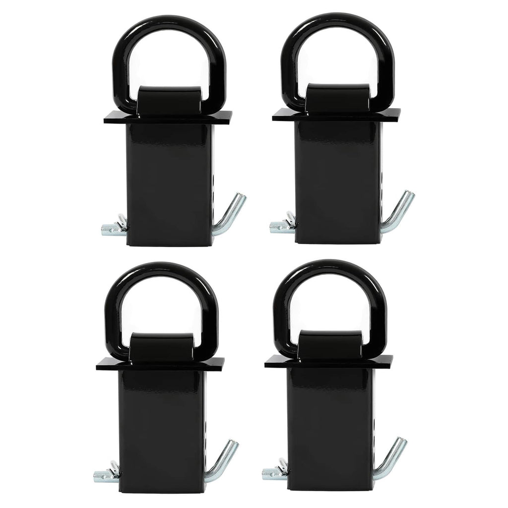 Four black stake pocket D-ring mounts with U-shaped rings and galvanized mounting hardware