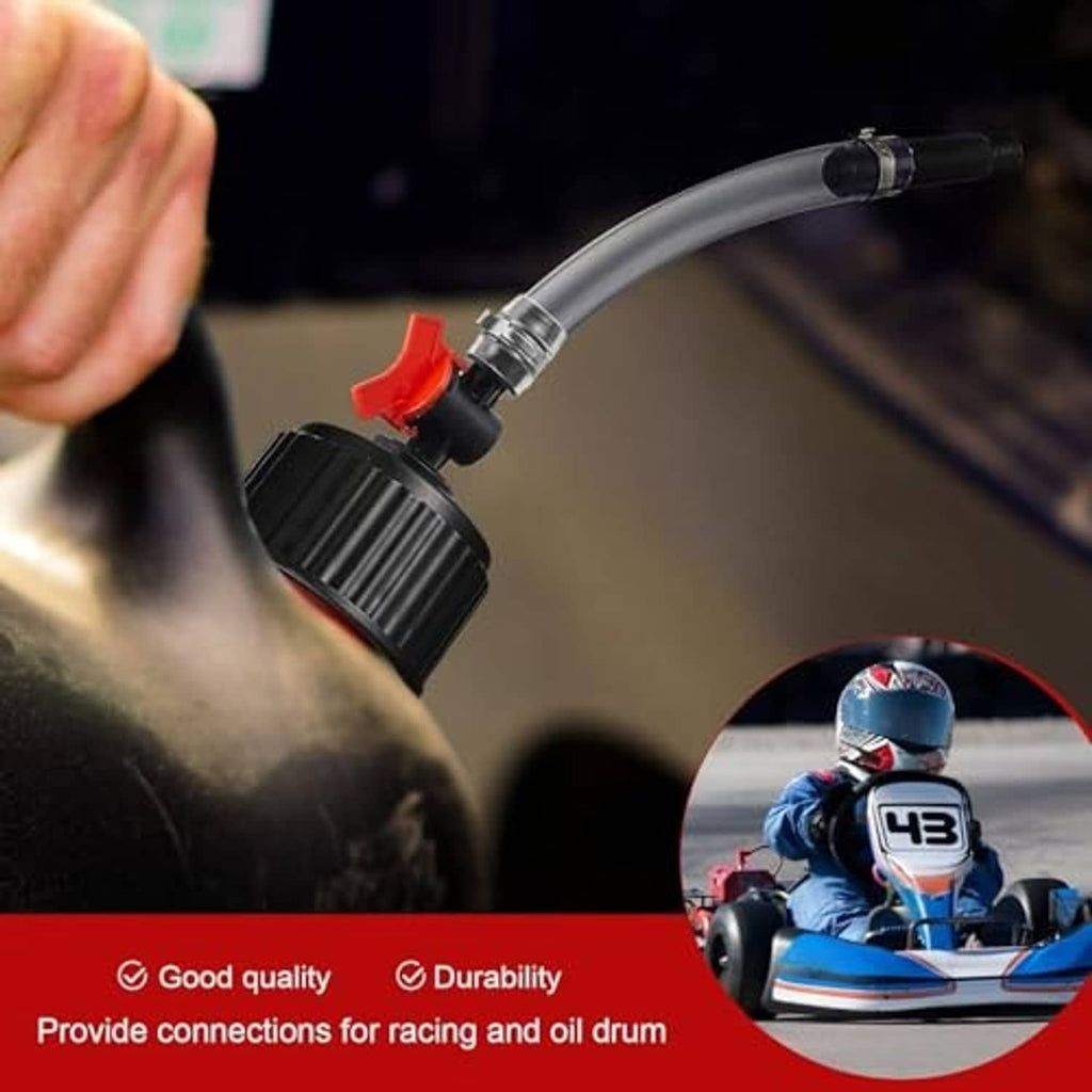 Black fuel cap and clear hose with inline fittings and red shutoff valve