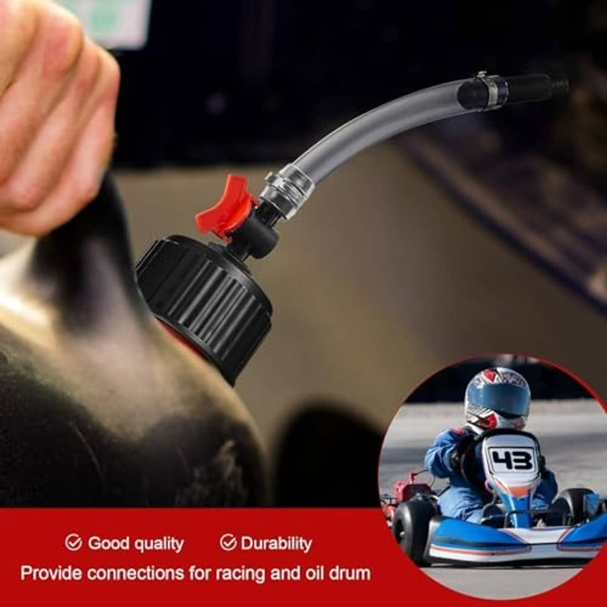 Black fuel cap and clear hose with inline fittings and red shutoff valve