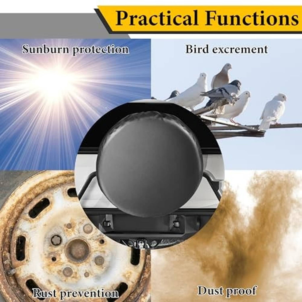 Black spare tire cover protecting the wheel, designed for dust and rust resistance.