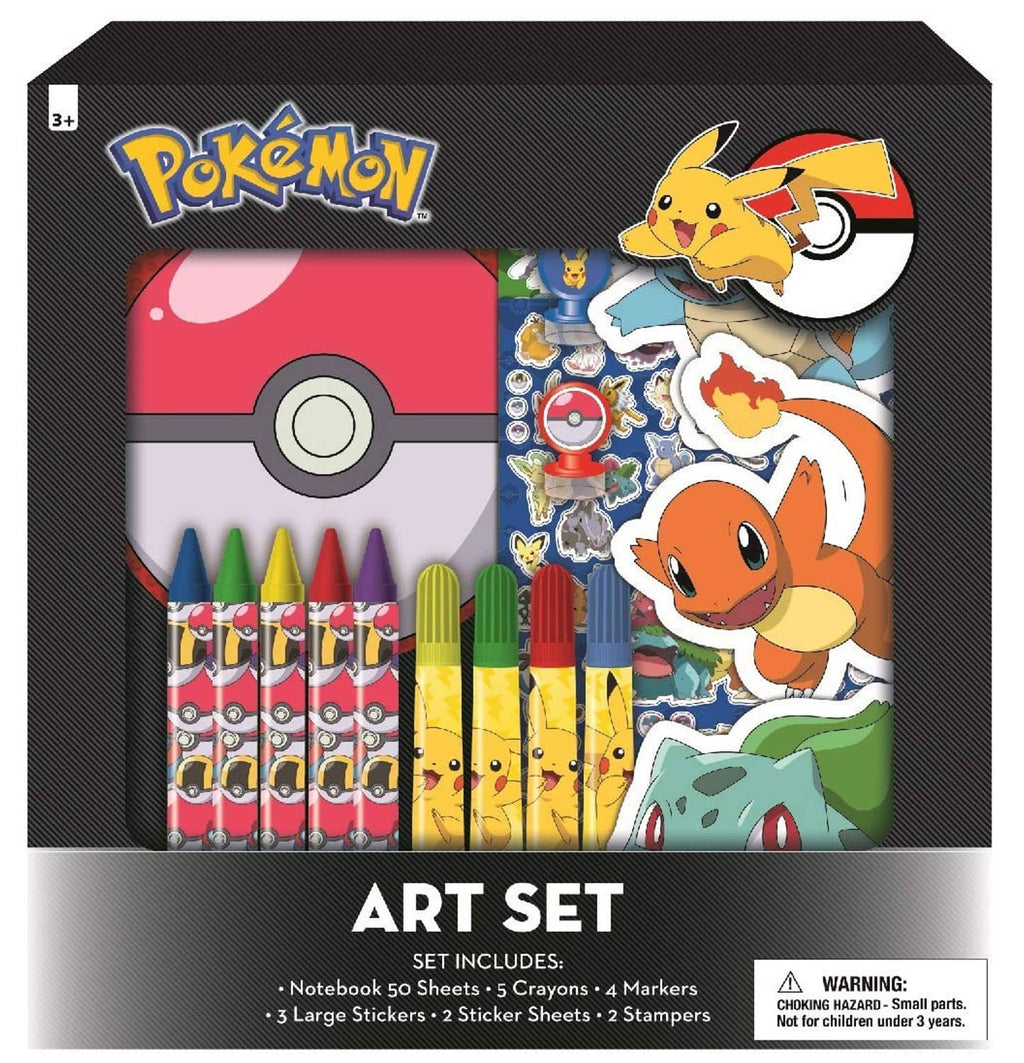 Pokemon art craft kit with sketchpad, markers, crayons, and sticker supplies in a box
