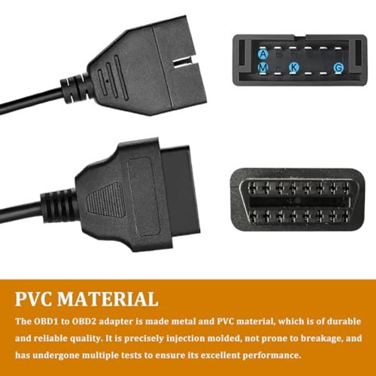 OBD1 12-pin to OBD2 16-pin adapter cable with close-up of plug ends