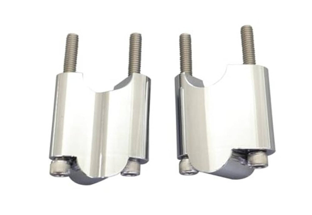 Side view of chrome CNC handlebar riser clamp brackets with threaded mounting studs.