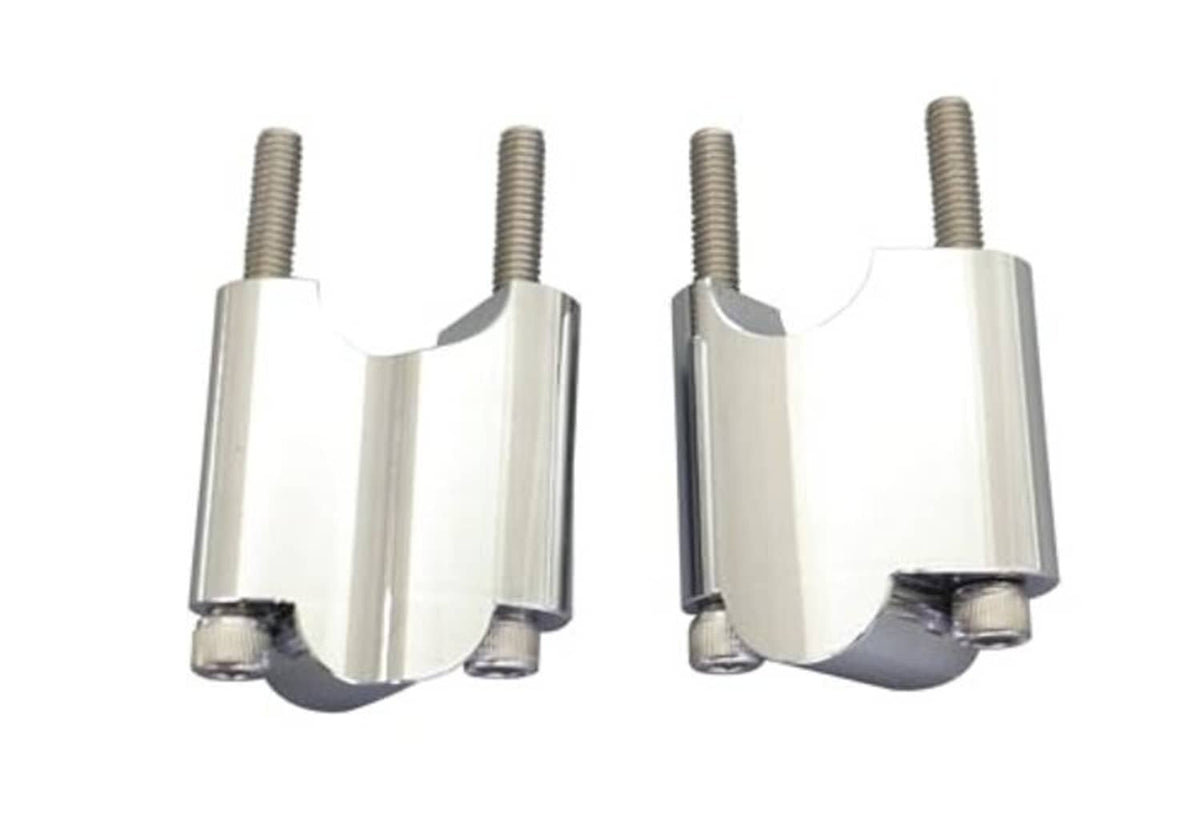 Side view of chrome CNC handlebar riser clamp brackets with threaded mounting studs.