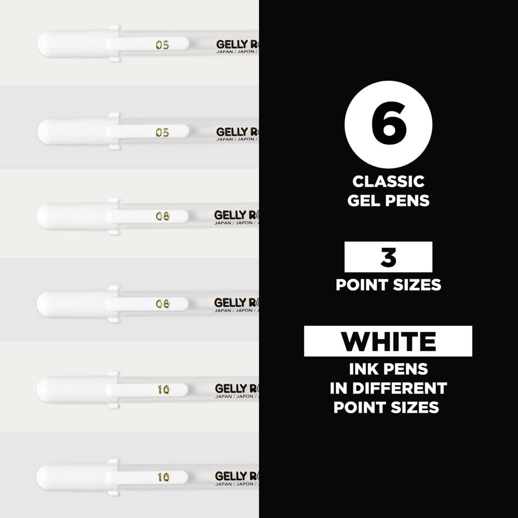 White gel pen set with 6 pens, classic style, three tip sizes shown on card.