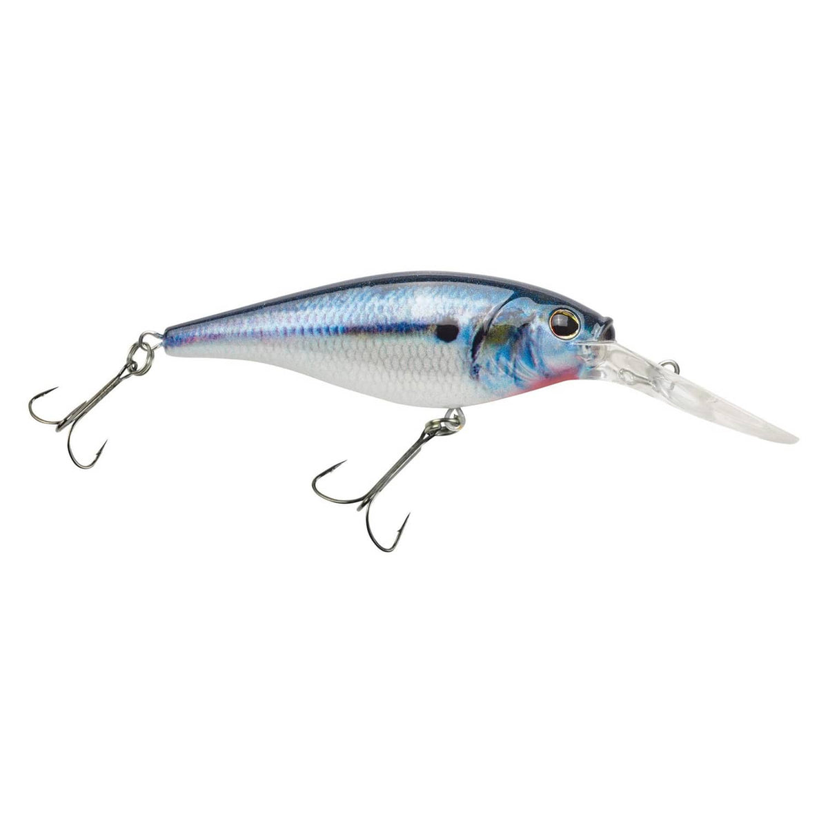 White and blue crankbait fishing lure with two treble hooks, isolated