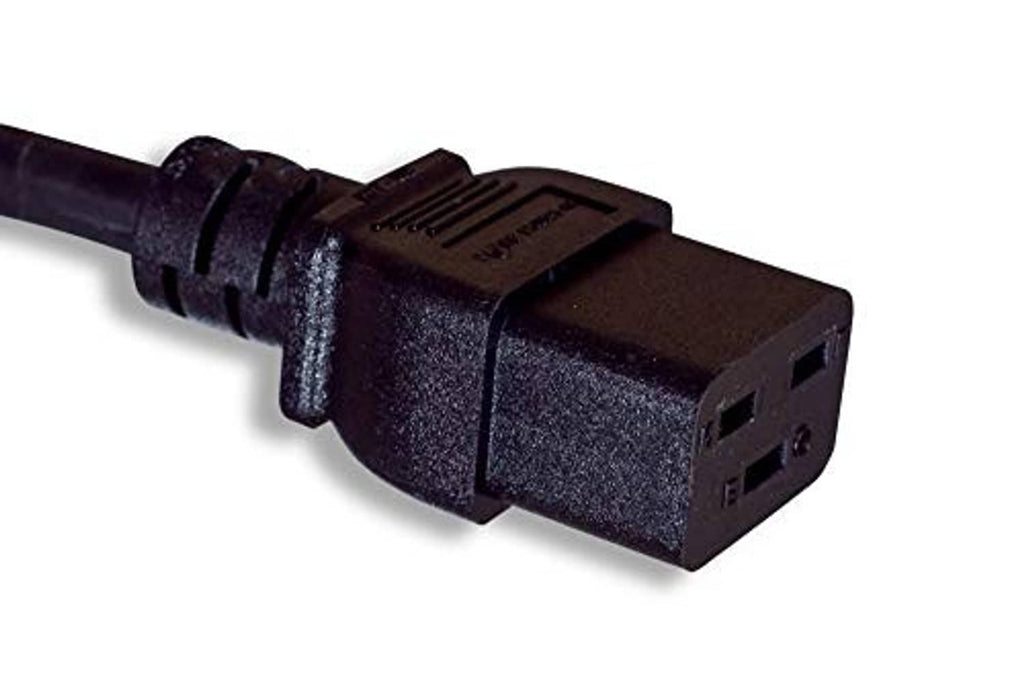 Power cord extension: angled C19 connector with ridged housing and dual-slot opening